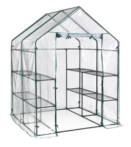 miracle-gro 4'8" x 4'8" x 6'5" all-season small walk-in greenhouse with 8 wire shelves for outdoors, easy-access and durable, translucent
