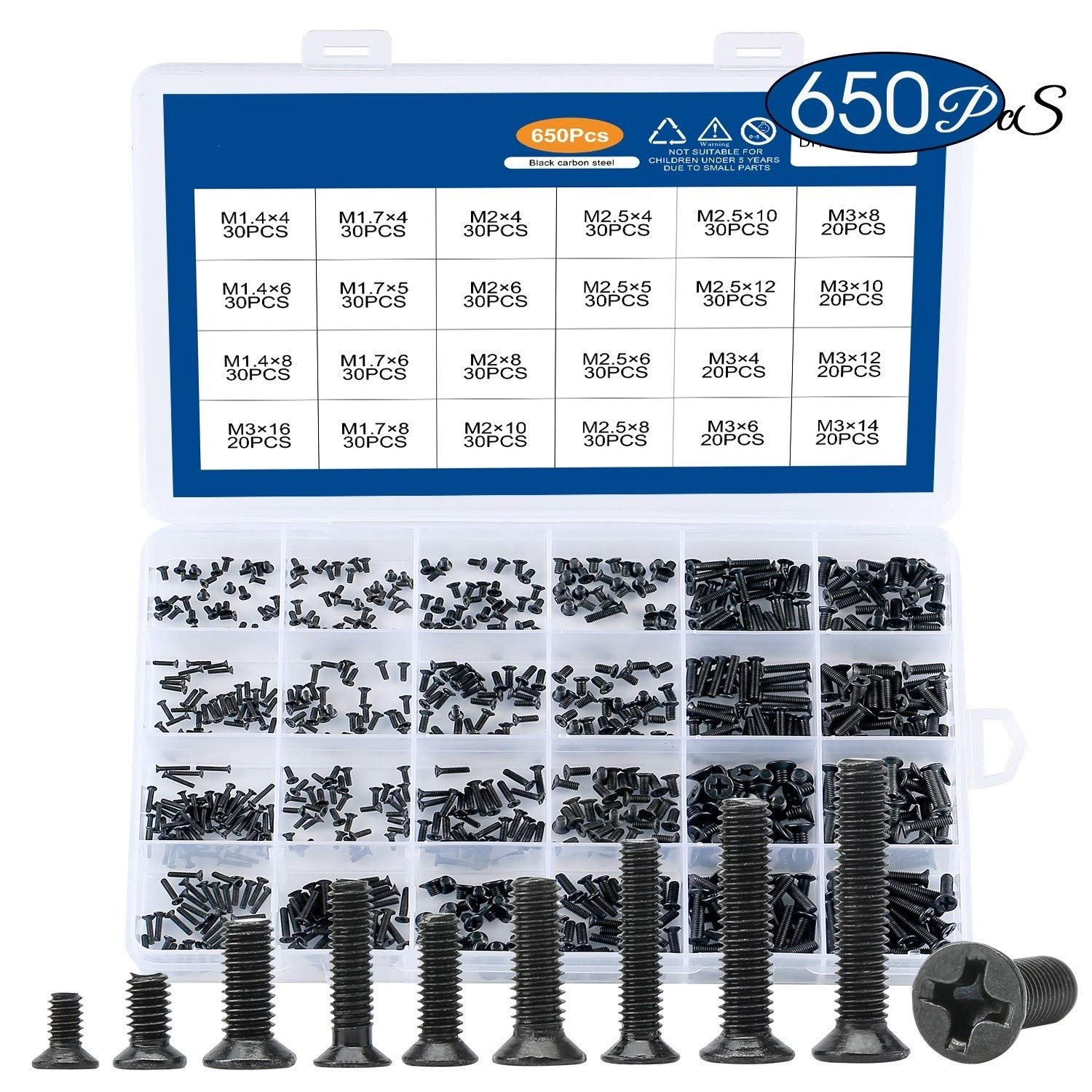 KIRANDY 650pcs Countersunk Flat Head Cross Mini Screw Set M2 M2.5 M3 Carbon Steel Computer Notebook Laptop Screws Kit for Hp for Lenovo