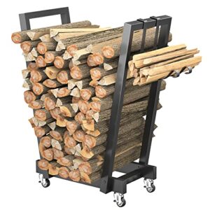 unikito indoor firewood rack log holder stand for patio, fire wood rack stand with kindling holder for indoor fireplace, outdoor patio wood fire pit stove, wood storage stacker with wheels, black
