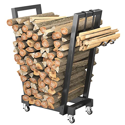 Unikito Indoor Firewood Rack Log Holder Stand for Patio, Fire Wood Rack Stand with Kindling Holder for Indoor Fireplace, Outdoor Patio Wood Fire Pit Stove, Wood Storage Stacker with Wheels, Black