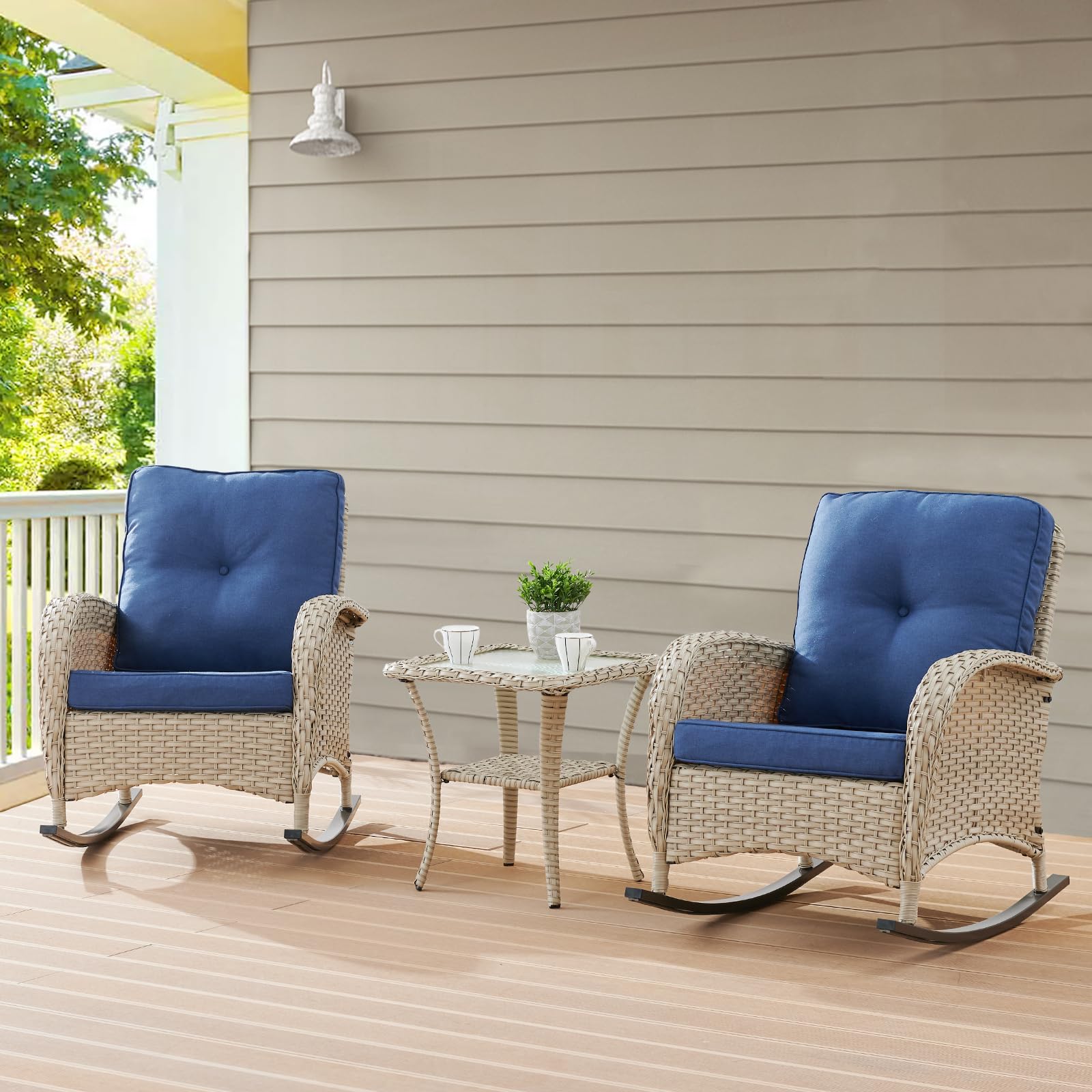 Belord Outdoor Rocking Chairs Set of 2, Wicker Rocker Rocking Chairs for Porch, 3 Pieces Patio Furniture Sets Rocking Bistro Set with Cushions and Side Table