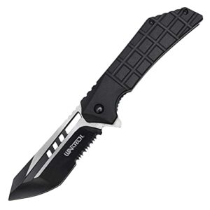buckshot knives 8" overall spring assisted suvival folding pocket knife with aluminum handle and serrated blade (pwt393bk)