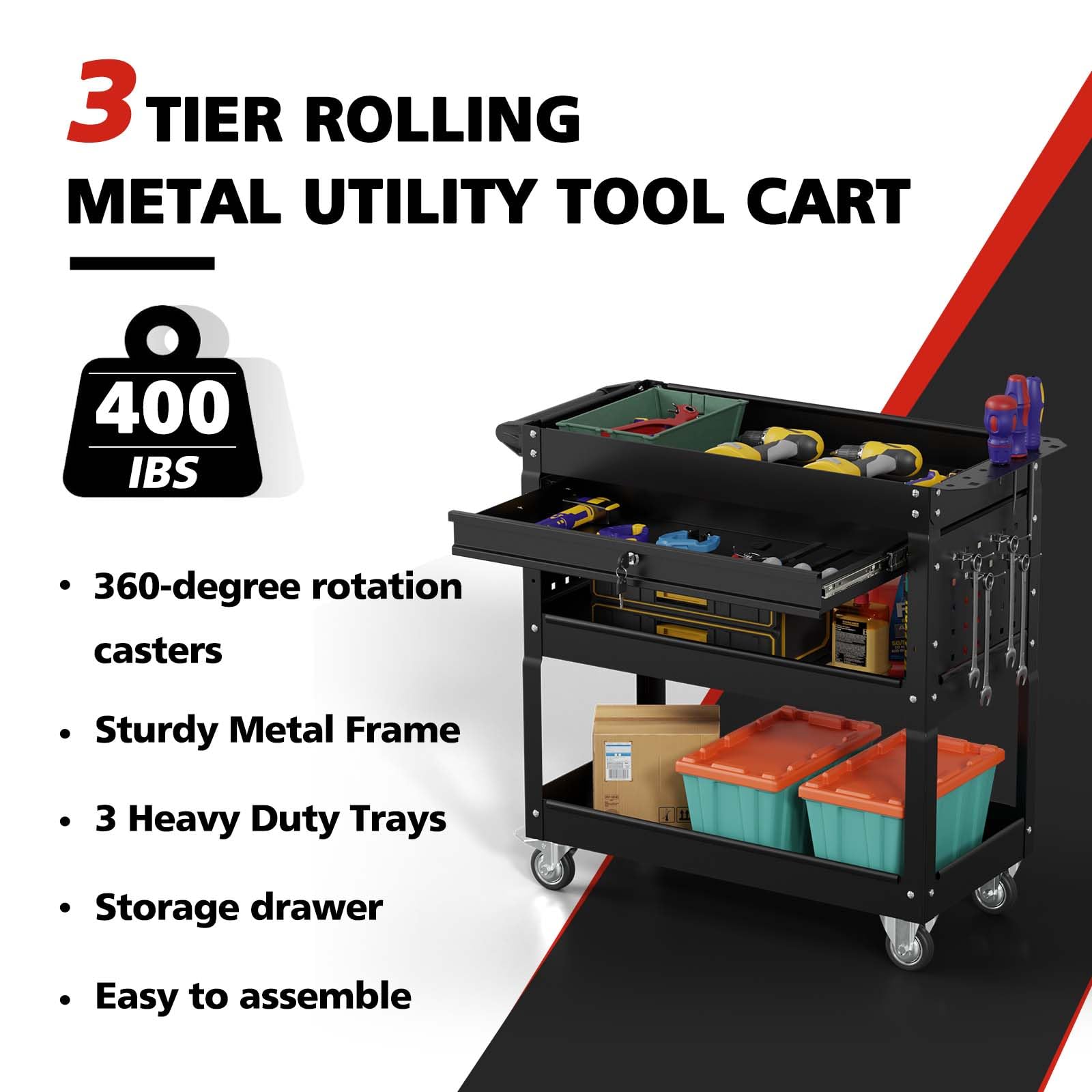 Tool Cart&Tool Chest,4-Wheel Tool Cart,Rolling Tool Cart,Tool Storage Cart,Tool Cart with Ball-Bearing Slides, Tool Cart for Garage and Warehouse (Black)