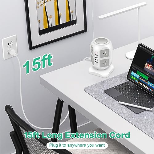 Power Strip Tower 15 ft Long Extension Cord - 8 Outlets Power Surge Protector with 4 USB Ports - Multi Plug Outlet Extender - Multiple Outlets Charging Station for Multiple Devices, Phone, Computer