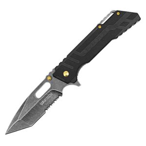 buckshot knives 8.5" overall spring assisted serrated tanto blade survival folding pocket knife with stainless steel and nylon fiber handle (pwt405bk)