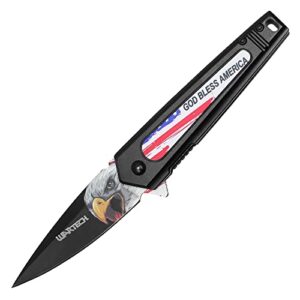 buckshot knives 7" overall american eagle (god bless america) spring assisted folding pocket knife with aluminum handle (pwt407b)