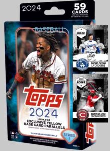 brand new 2024 topps baseball series 1 exclusive trading card hanger box w/ 59 cards! - plus novelty elly and shohei novelty art cards in picture