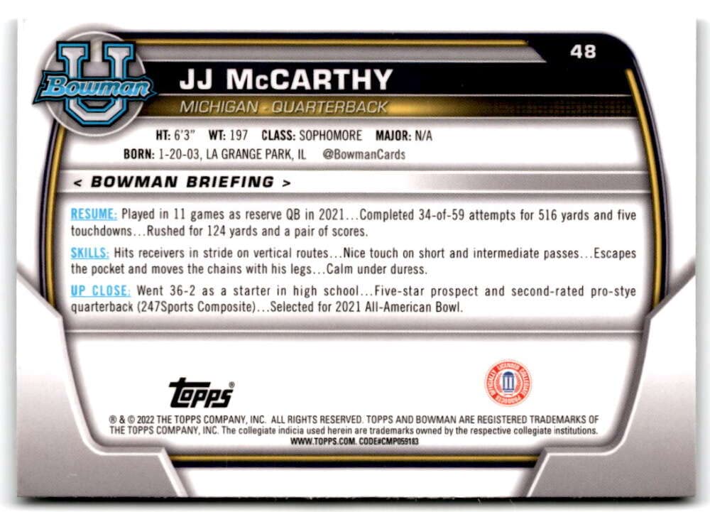 2022 Bowman Chrome University #48 JJ McCarthy Michigan Wolverines Football