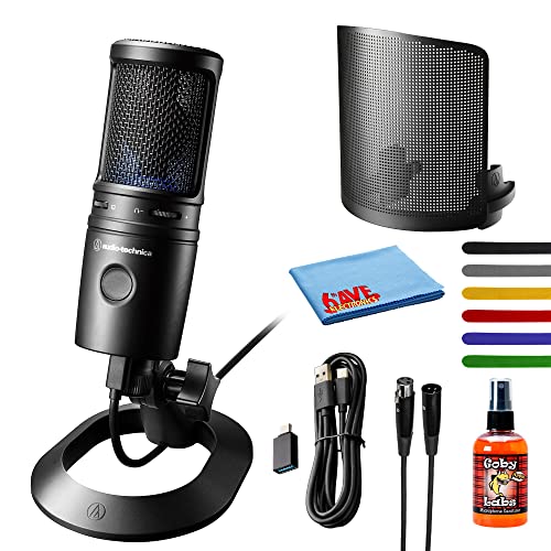 Audio-Technica AT2020USB-X Cardioid Condenser USB Microphone Pop Filter (AT8175), Hosa 10Ft XLR Cable, Pack of 6 Wire Ties & Goby Labs Cleaner w/Cloth