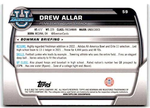 2022 Bowman Chrome University #59 Drew Allar Penn State Nittany Lions Football