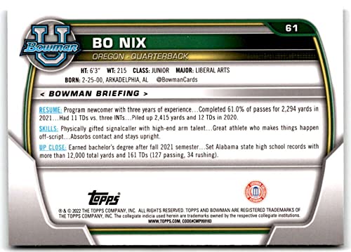 2022 Bowman Chrome University #61 Bo Nix Oregon Ducks Football