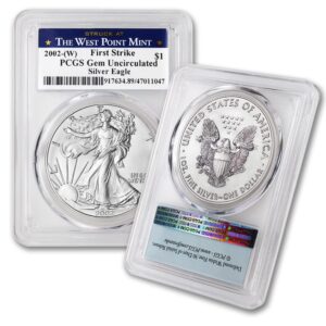 2002 (w) 1 oz american eagle silver eagle coin gem uncirculated (first strike - struck at the west point label) $1 pcgs gemunc