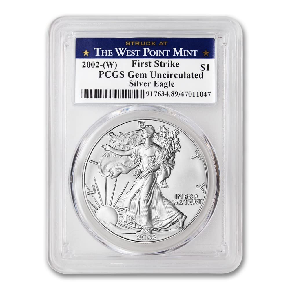 2002 (W) 1 oz American Eagle Silver Eagle Coin Gem Uncirculated (First Strike - Struck at The West Point Label) $1 PCGS GEMUNC