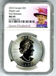 2023 ca canada maple leaf first releases queen elizabeth s$5 ngc ms69