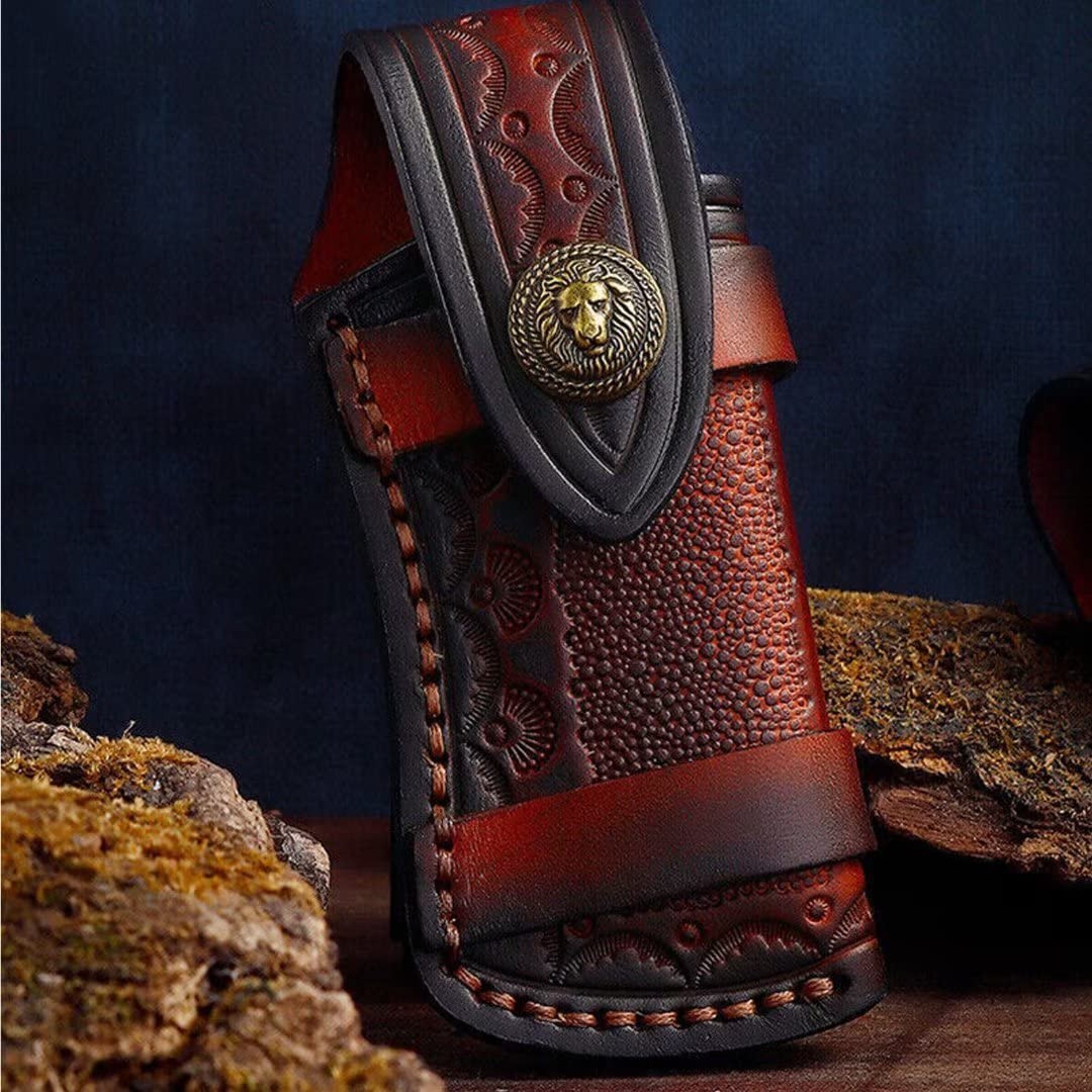 Hand Made Carved Cow Leather Sheath For Folding Knife Cover Pouch Belt Clip Cowboy style Fashion Style Bag