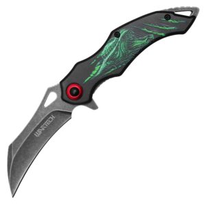 buckshot knives 7.5" overall spring assisted folding pocket knife with fantasy dragon aluminum handle (pwt427gn)