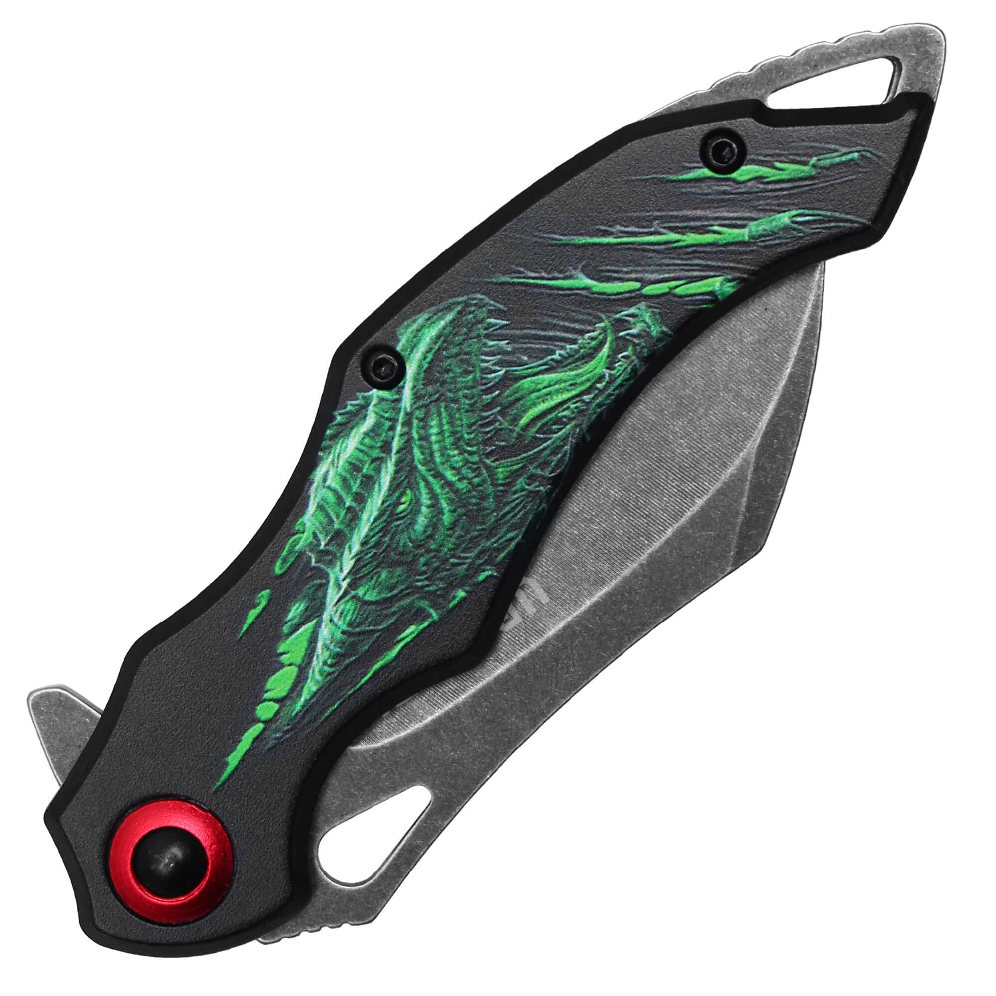 Buckshot Knives 7.5" Overall Spring Assisted Folding Pocket Knife With Fantasy Dragon Aluminum Handle (PWT427GN)