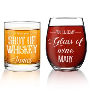 couples gifts - personalized wine & whiskey glasses - mr & mrs - his & hers anniversary gift for couple - cool couple gifts for boyfriend, girlfriend, husband, wife or fiancee - new home essentials