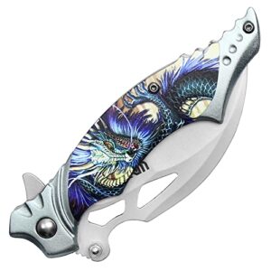 Buckshot Knives 7.5" Overall Spring Assisted Folding Pocket Knife With Fantasy Dragon Aluminum Handle (PWT430CH)