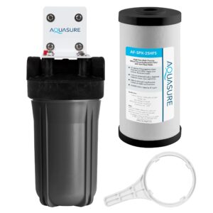 aquasure fortitude v2 series whole house multi-purpose sediment/carbon/siliphos anti-rust, bacteria & scale inhibiting water filter system, small size | reduces chlorine, taste & more (as-fs-25spx)