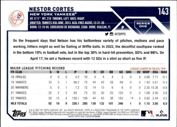 2023 Topps #143 Nestor Cortes NM-MT New York Yankees Baseball Trading Card MLB