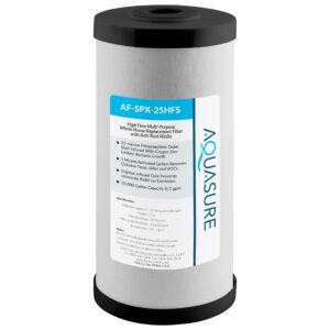 aquasure fortitude v2 series af-spx-25hfs sediment/carbon/siliphos anti-rust media, bacteria & scale inhibitor, triple purpose whole house replacement filter cartridge for as-fs-25spx, standard size