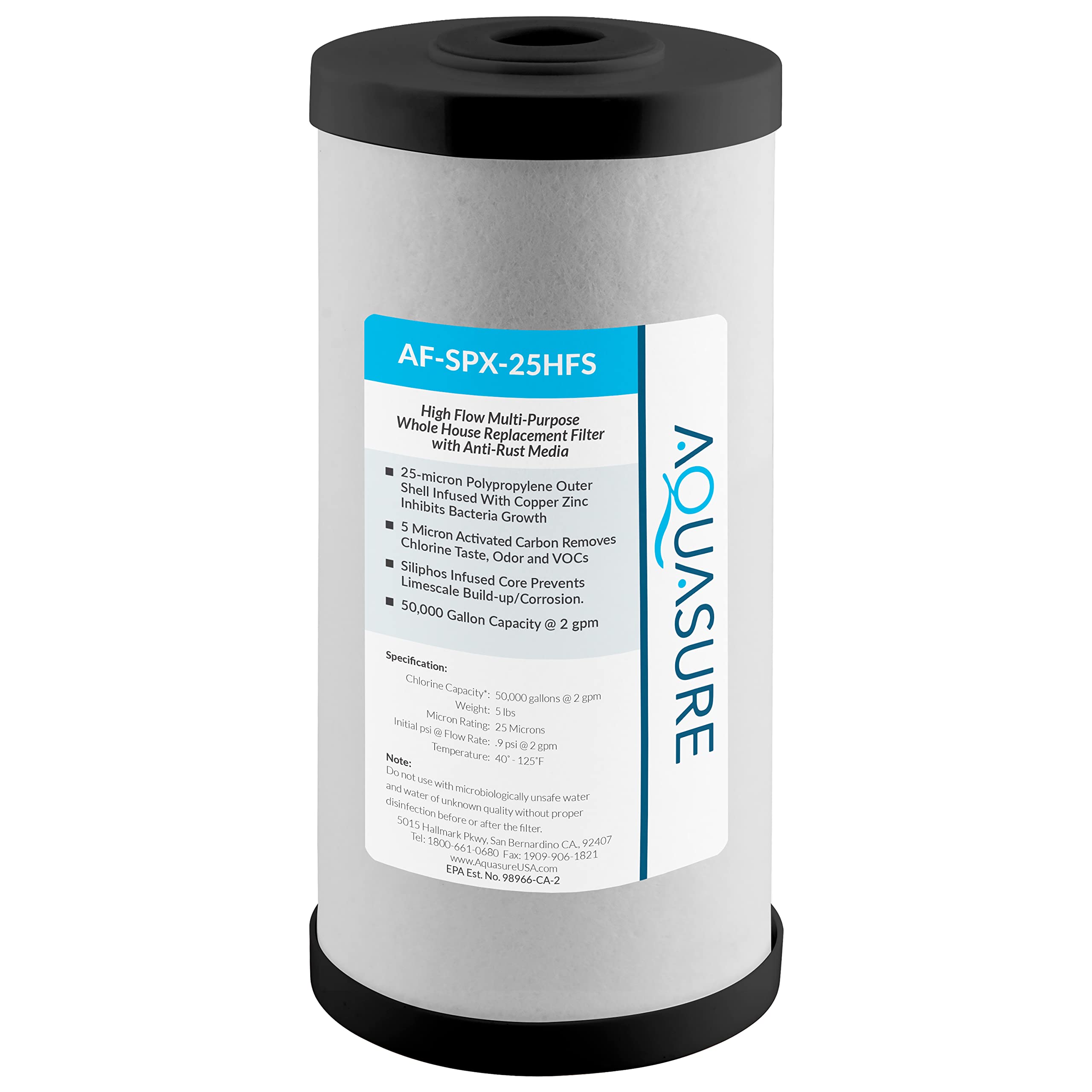 Aquasure Fortitude V2 Series AF-SPX-25HFS Sediment/Carbon/Siliphos Anti-Rust Media, Bacteria & Scale Inhibitor, Triple Purpose Whole House Replacement Filter Cartridge For AS-FS-25SPX, Standard Size