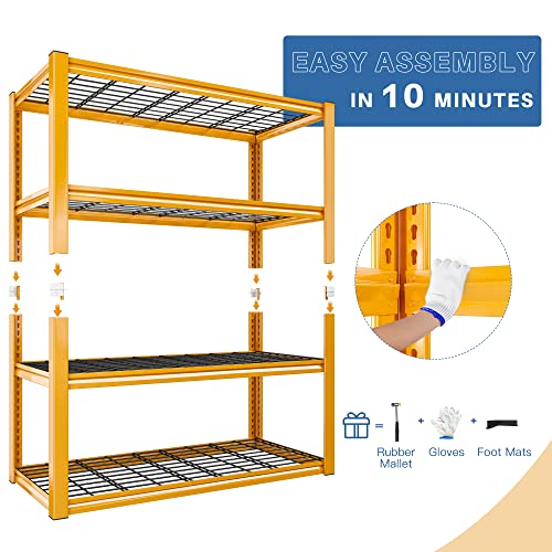 REIBII Garage Shelving Heavy Duty Garage Storage Shelves 2240LBS Large Wide 4 Tier Adjustable Metal Heavy Duty Shelving Wire Shelving Unit Garage Shelves Basement Yellow 39.3" W x 19.6" D x 59.9" H