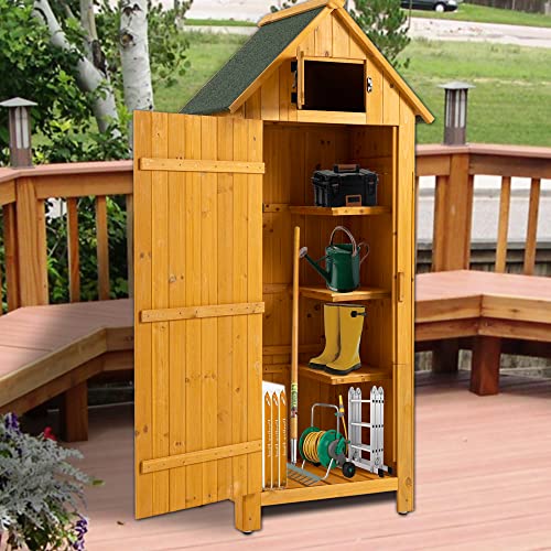 Mbolyeer Garden Storage Shed: Garden Tool Storage Cabinet, Lockable Wooden Storage Sheds Organizer for Home, Yard, Outdoor, Natural