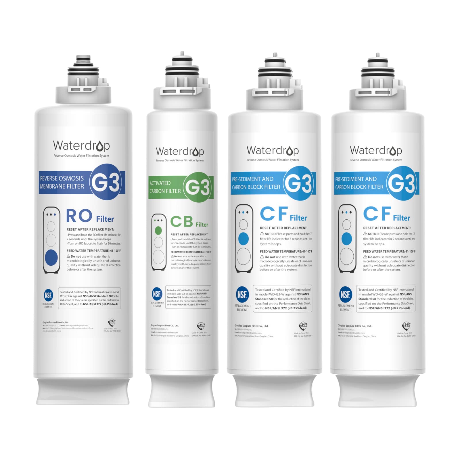 Waterdrop WD-G3-W Replacement Filter, Replacement for WD-G3-W Reverse Osmosis System, CF Filter + CB Filter + RO Filter, New Logo Design