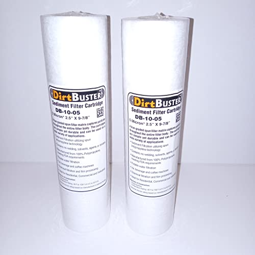 DirtBuster 2-Pack of 5 Micron 2.5" X 10" Residential, Commercial, & Industrial Sediment Replacement Filter-100% Polypropylene, Compatible for most 10 inch RO Units