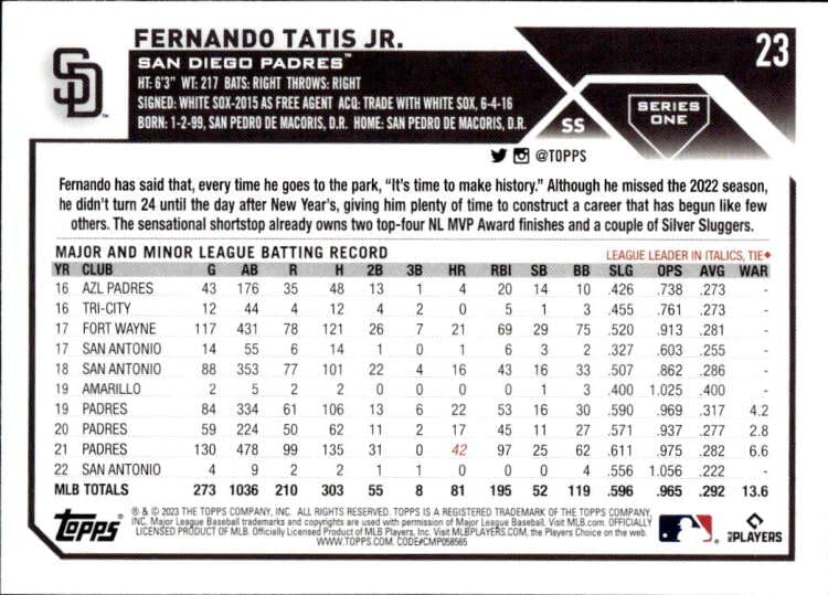 Fernando Tatis Jr. 2023 Topps #23 NM+-MT+ MLB Baseball Padres