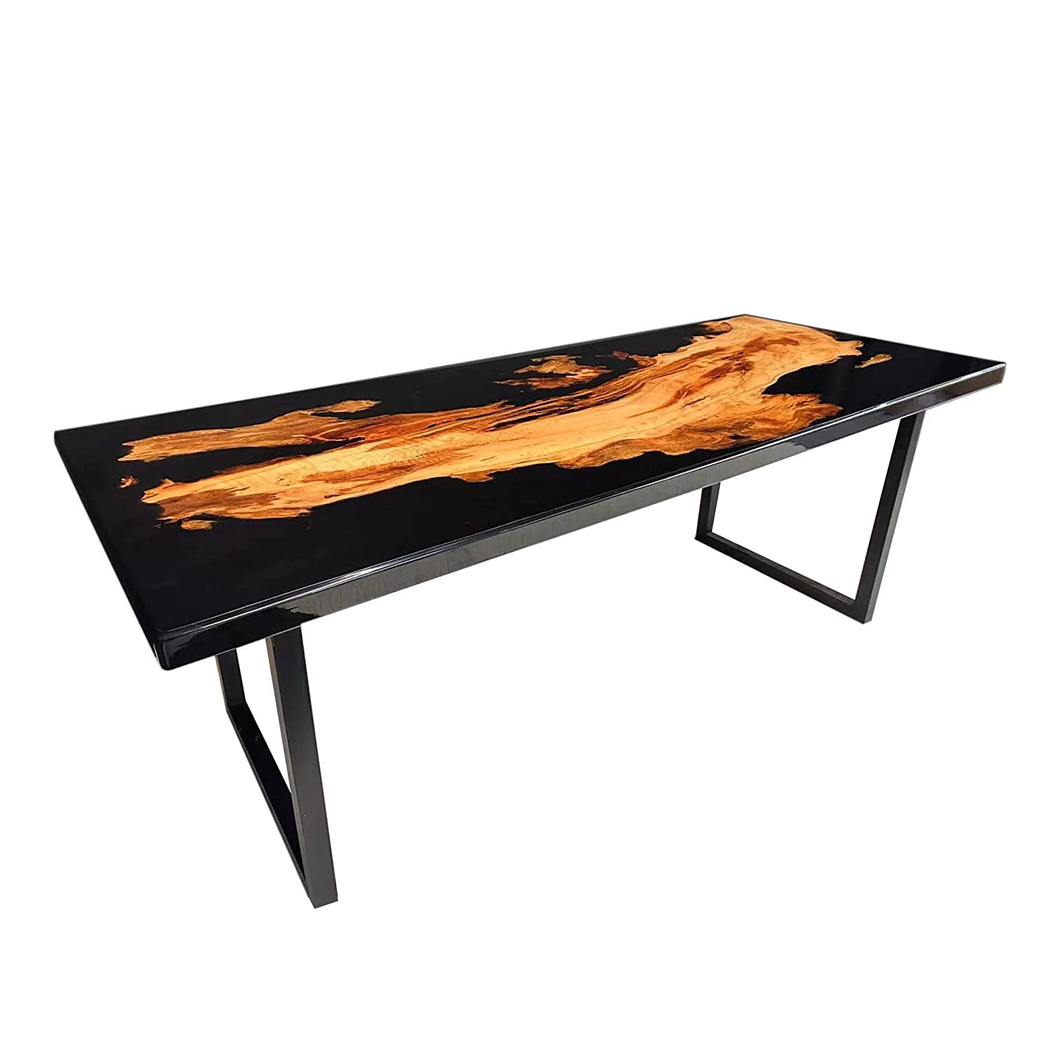 Epoxy Resin Table, Modern Dining Table, Black Kitchen Table, Walnut Wood Table for Dining & Living Room with Metallic Legs, Rectangle Table for Home Decor (25''X10'')