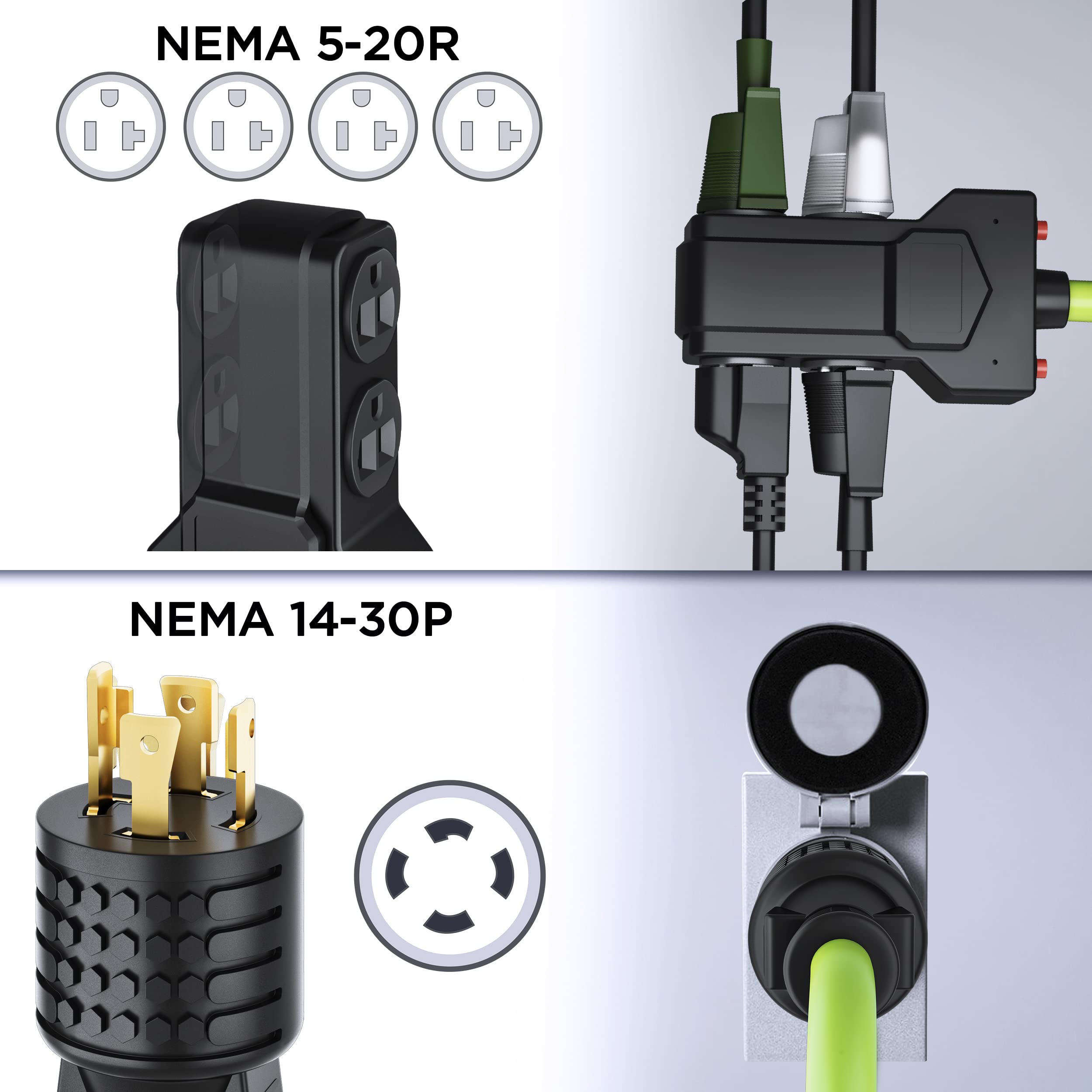 30A Generator Cord and 30A to Duplex 5-20R Outlets