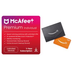 mcafee+ premium individual 2023 | unlimited devices | 1 year subscription (download code) + $20 amazon gift card (physical card)