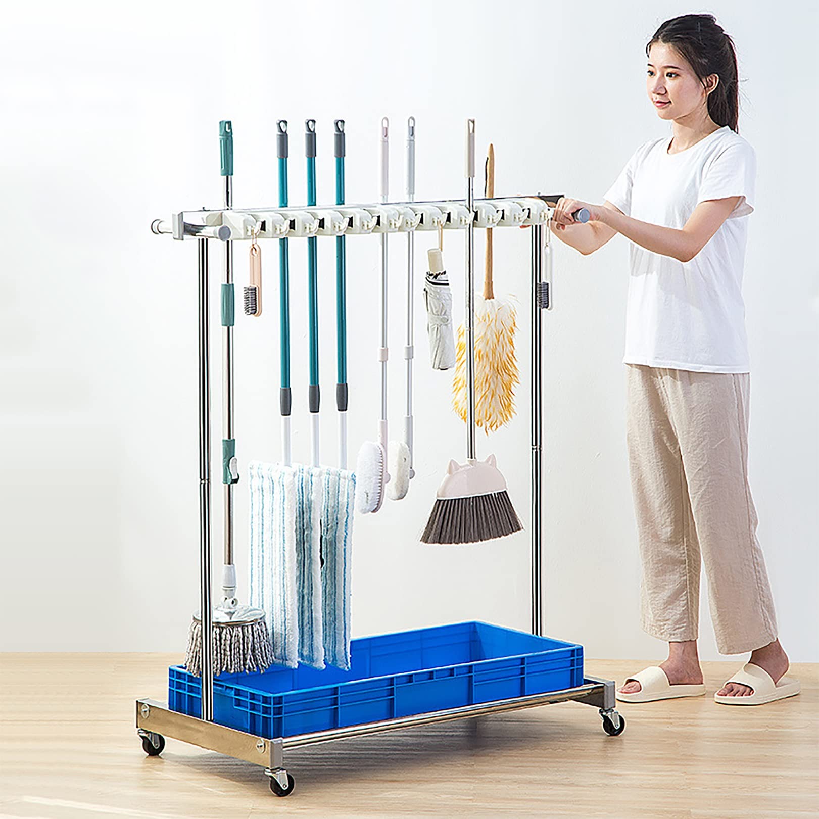 Utility Rack for Mops And Brooms,Cleaning Tool Cart Mop Holder Umbrella Stand,Movable Commercial Mop Rack, Mop Drain Rack,Can put wet mops, with Wheels,for Garden,Garage,Schools,Hospitals,Hotels ( Siz