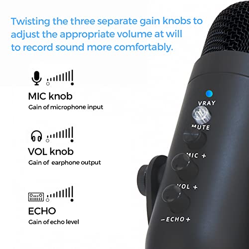 PtevSoh Professional Cardioid Condenser Microphone, Plug and Play, One-Key Mute, Real-time Monitor, Gain Adjustment, Noise Reduction, Compatible with PC, Mac, PS4/5.