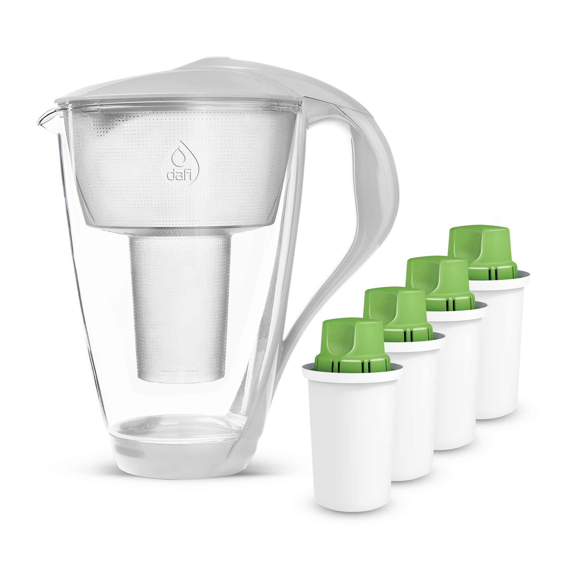 DAFI LED Glass Water Filter Pitcher 64 oz with Alkaline Filter + 3pack Alkaline Filters | Filters Compatible with Brita | Water Purifier Filter Jug Water Purifer | Water Cartridges | White