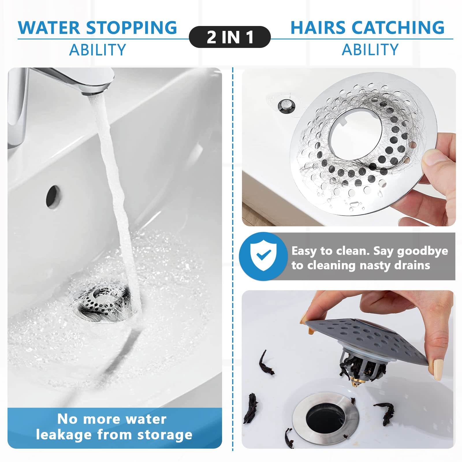 BUTOFINUS Bathtub Stopper with Drain Hair Catcher Set, Drain Clog Remover, 2 in 1 Double Anti-Clogging Design Tub Stopper, Pop Up Bathtub Plug for 1.6"-2.0" Drain Hole