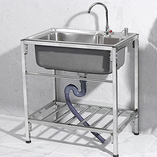 Commercial Utility Sink 304 Stainless Steel Free Standing Camping Sink with Faucet Storage Shelve,Outdoor Kitchen Washing Station for Garage Farmhouse