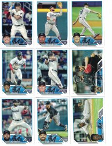 miami marlins / 2023 topps marlins baseball team set (series 1 and 2) with (19) cards! *** this listing includes (3) bonus marlins cards! ***