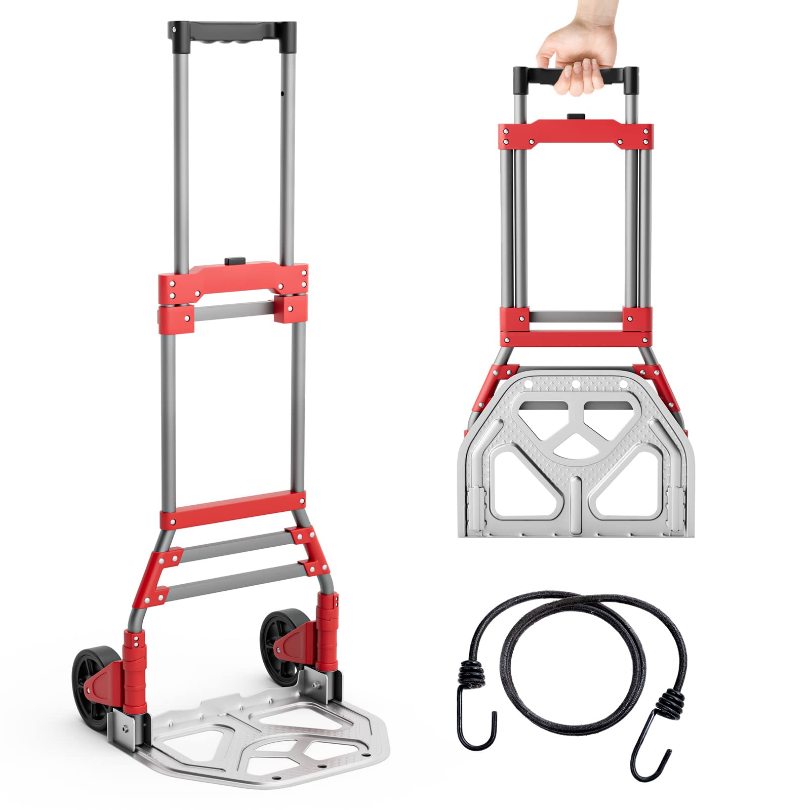 Nightcore Folding Hand Truck Dolly Cart, Portable Hand Cart with Telescoping Handle and TPR Wheels, Heavy Duty Hand Dolly with Bungee Cord for House Moving and Office Use