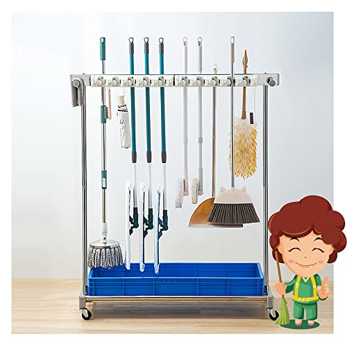 Utility Rack for Mops And Brooms,cleaning cart,Movable Commercial Mop Rack,Mop Drain holder,Can put wet mops,Cleaning Supplies Organizer, with Universal Wheels,House,Hotel,Office,Resterant Must Have (