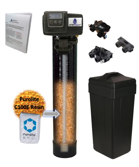 AFWFilters Purolite Metered Water Softener 48,000 48k Whole House Water Softener with Fleck 5600SXT and Upgraded C100E Purolite Resin 1" Bypass