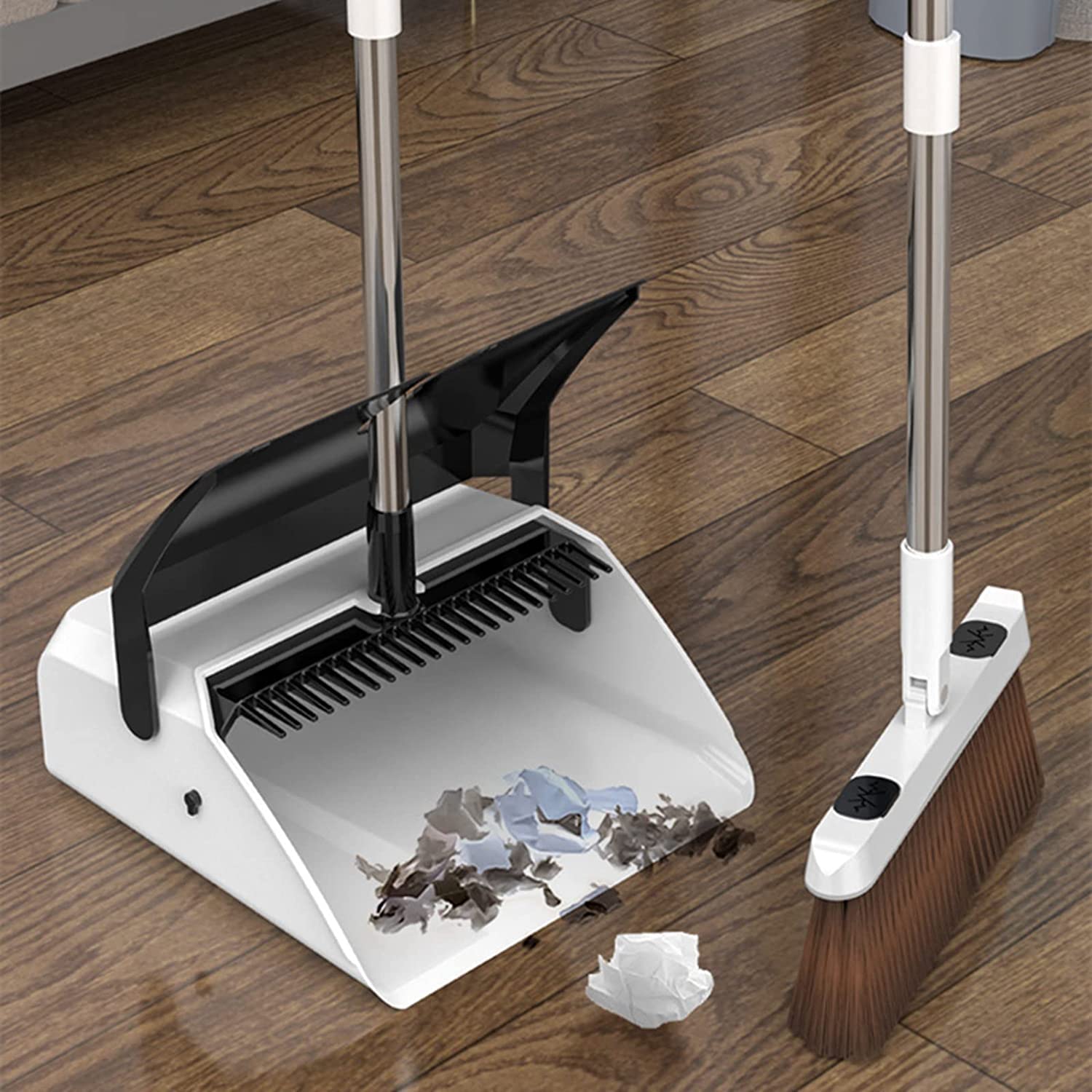 Broom Dustpan Set, Indoor 180° Rotatable Standing Storage Magnetic Snap-On Broom and Dustpan Set with Scraping Teeth Scraper Deep Cleaning Broom Dustpan Set for Home and Family (White)