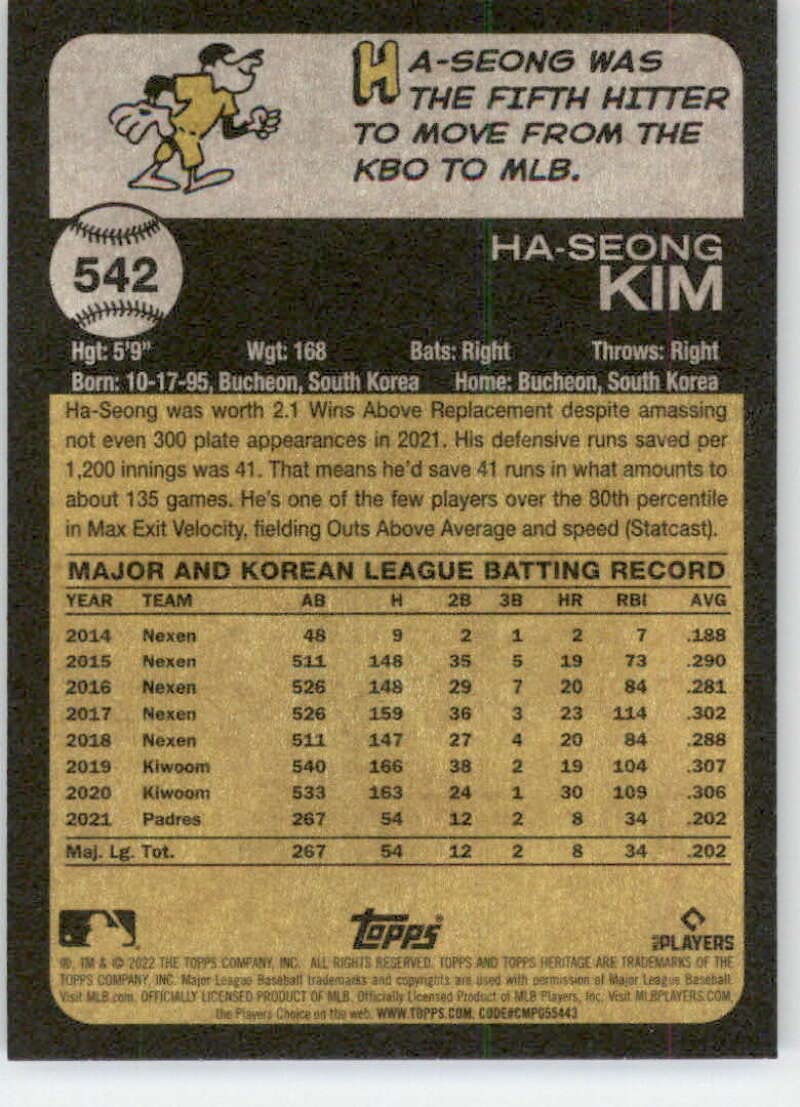 2022 Topps Heritage High Number #542 Ha-Seong Kim San Diego Padres MLB Baseball Trading Card