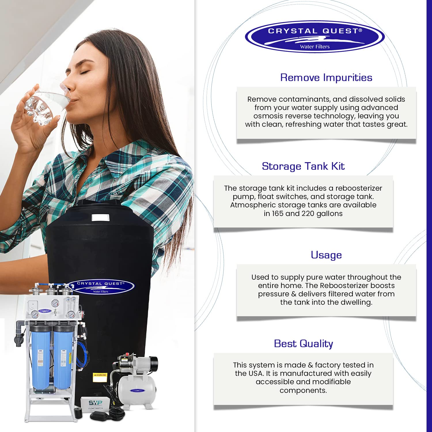 Crystal Quest Whole House Reverse Osmosis Water Filtration System | 165 Gallon Water Tank + Water Pump | Sediment & Carbon Filter - 750 GPD