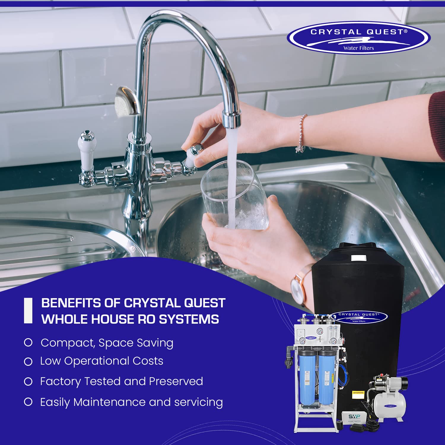 Crystal Quest Whole House Reverse Osmosis Water Filtration System | 165 Gallon Water Tank + Water Pump | Sediment & Carbon Filter - 750 GPD