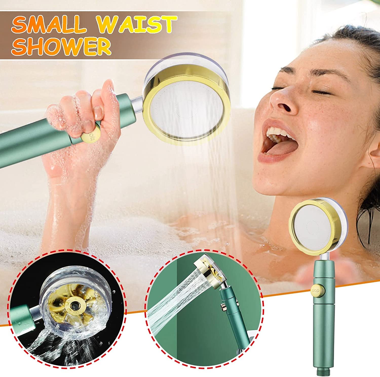 Pressurized Shower Head, 2 Filters, 360° Turbo Spa High Pressure Nozzle, Handheld Hydro Shower Head with 3 Modes Switches, Driven Handheld Shower Head One-Touch Water Stop