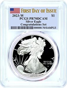 2023 w 2023 w silver eagle proof congraulations $1 graded by pcgs first day of issue $1 pcgs pr-70